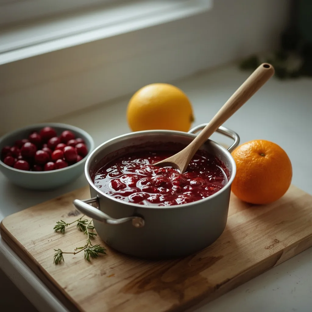 Simple homemade cranberry sauce in a small saucepan