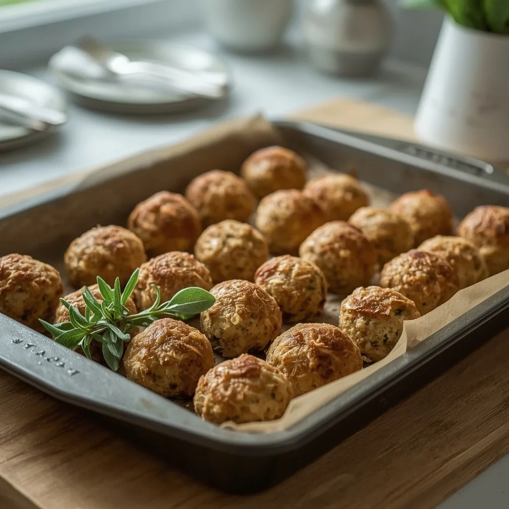 Simple golden stuffing balls on a baking tray