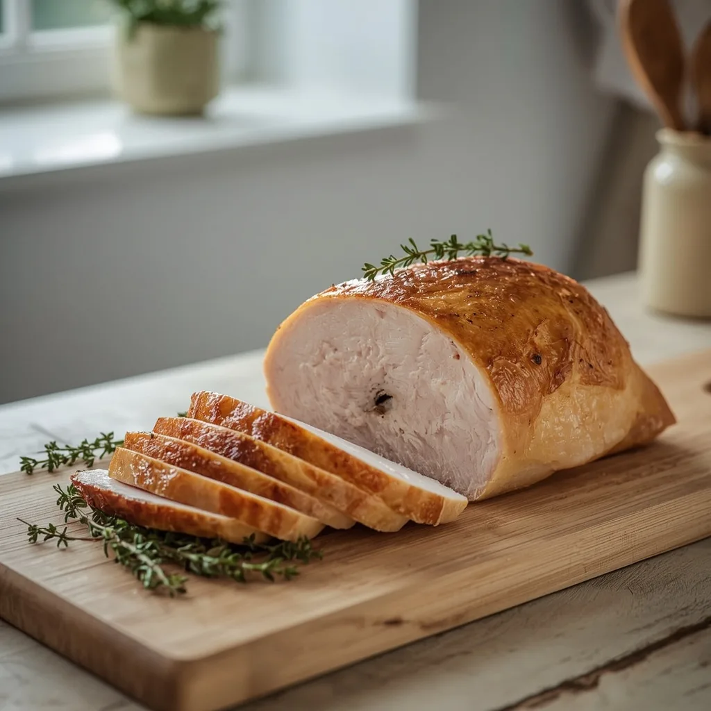 Simple roast turkey breast joint sliced on a board