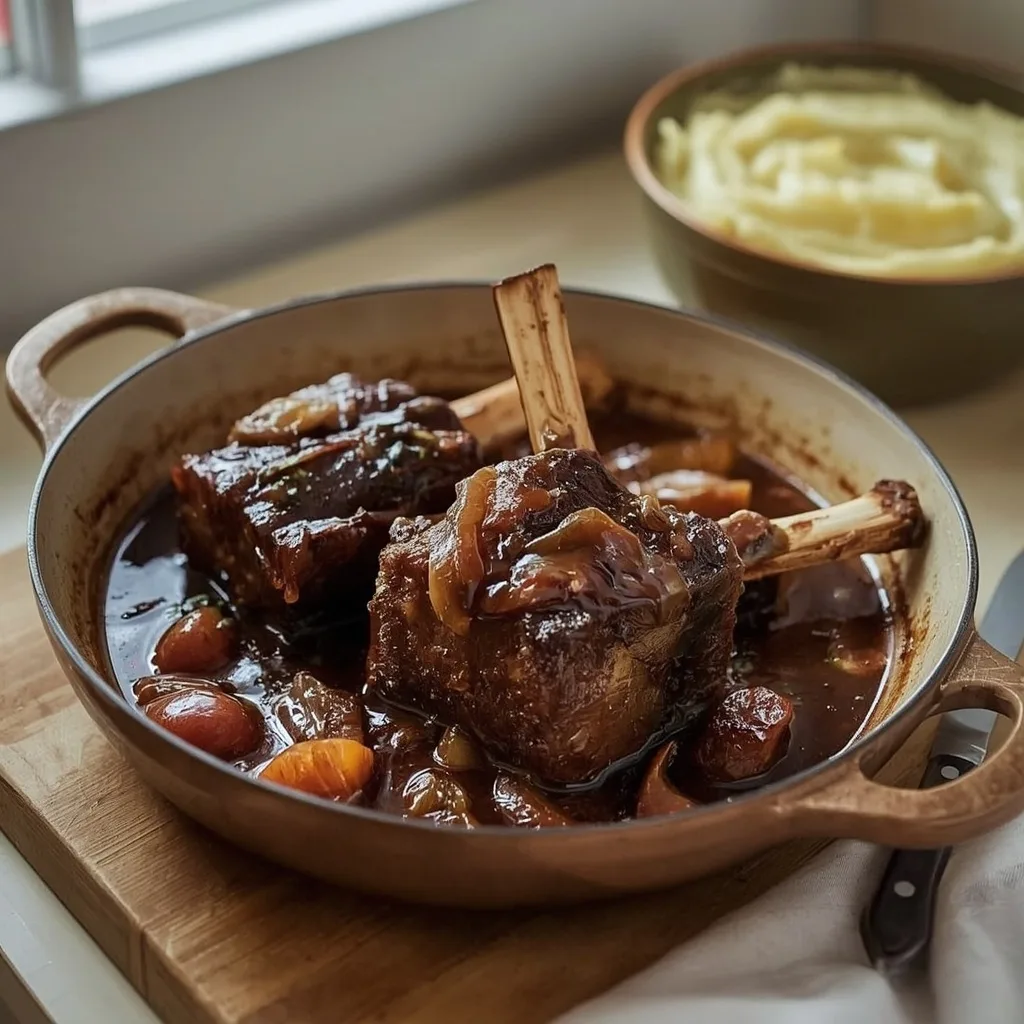 Slow-braised beef short ribs with red onions in a rich sauce