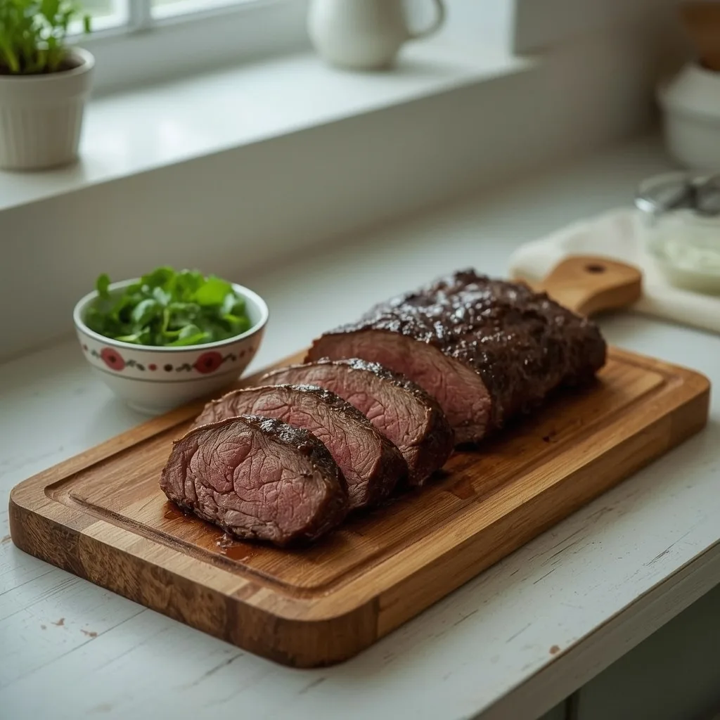 Slow-cooked beef brisket slices with horseradish cream