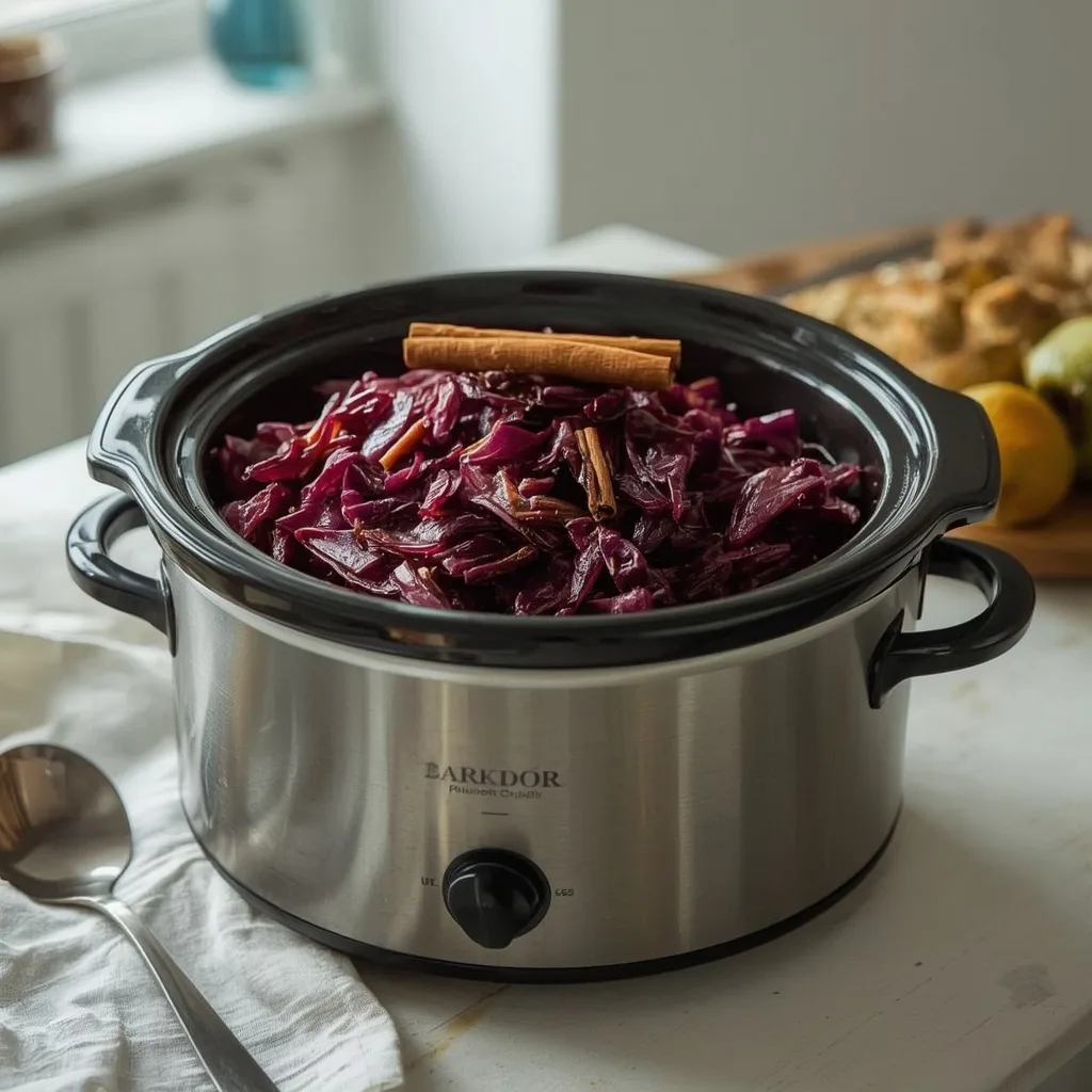 Slow cooker spiced red cabbage with a cinnamon stick