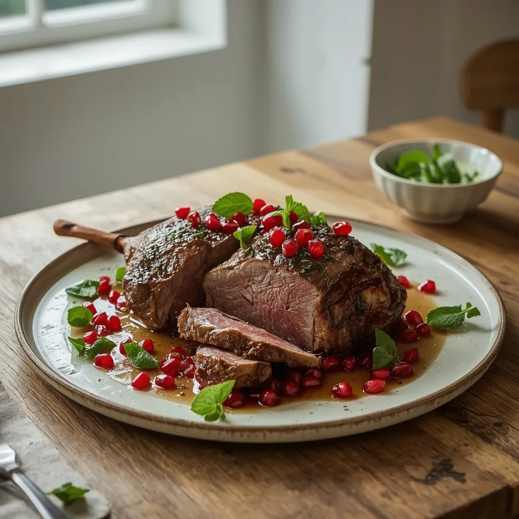 Slow-roast lamb shoulder with pomegranate seeds and mint on a platter