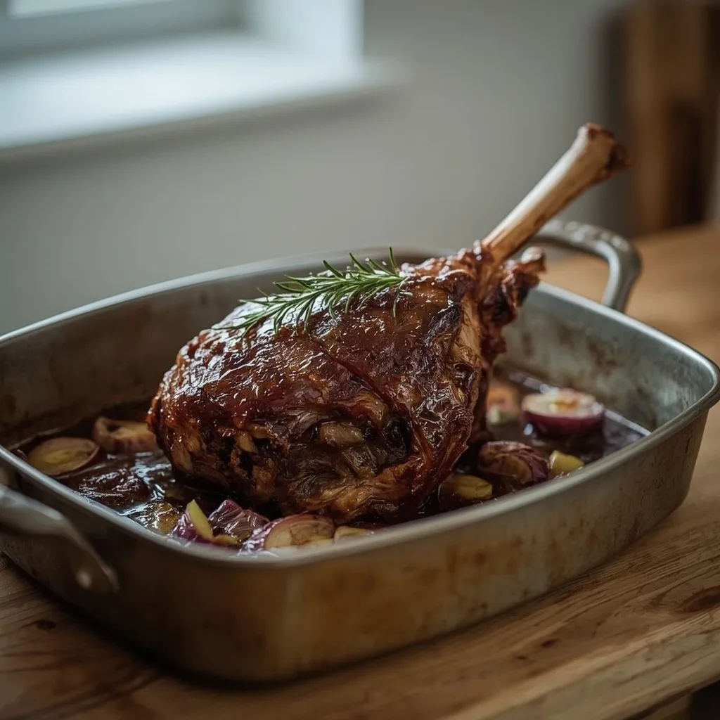 Slow-roast lamb shoulder with rosemary and garlic in a roasting tin