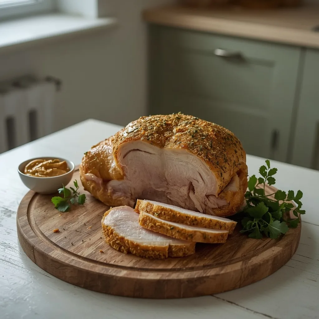 Small mustard and herb turkey crown on a round board with wholegrain mustard