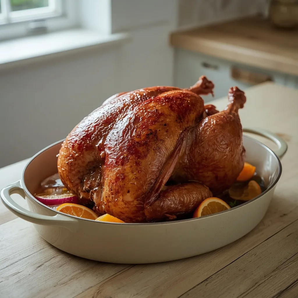 Smoked paprika and orange turkey crown with orange slices and red onions