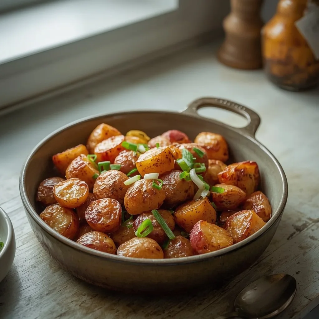 Smoked paprika roast potatoes with spring onions in a rustic dish