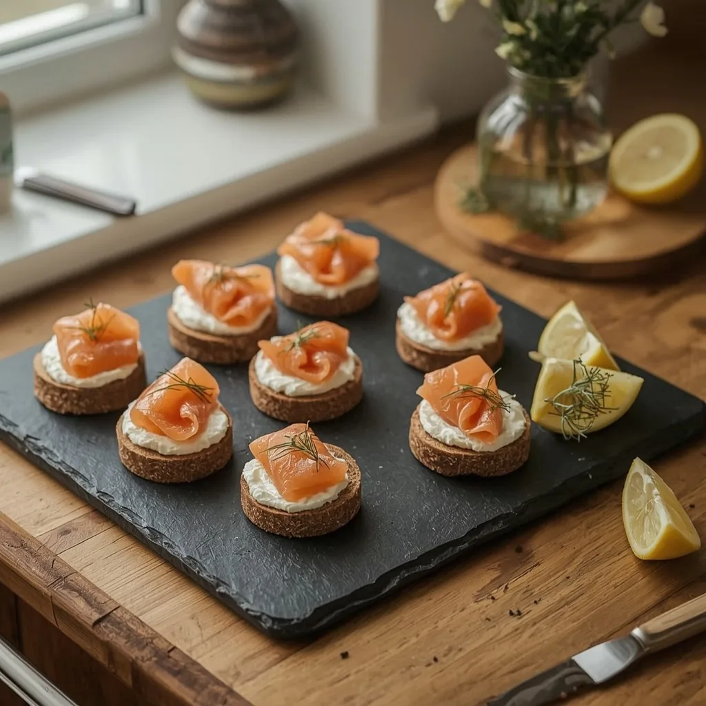 Smoked salmon and cream cheese bites on rye bread with dill