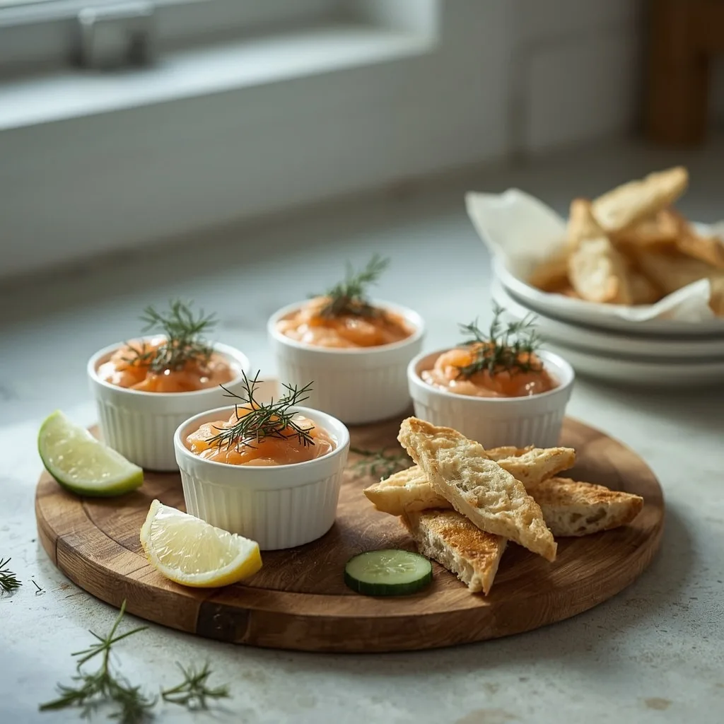 Smoked salmon pâté in ramekins with toast triangles and lemon