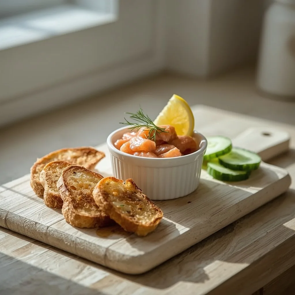 Smoked salmon pâté in a ramekin with toast triangles, lemon and dill