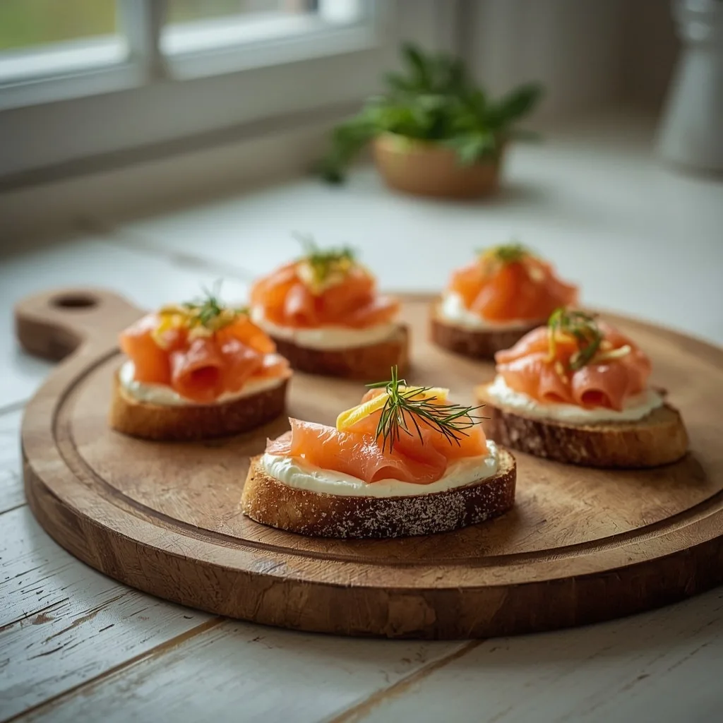 Smoked salmon toasts with cream cheese and dill