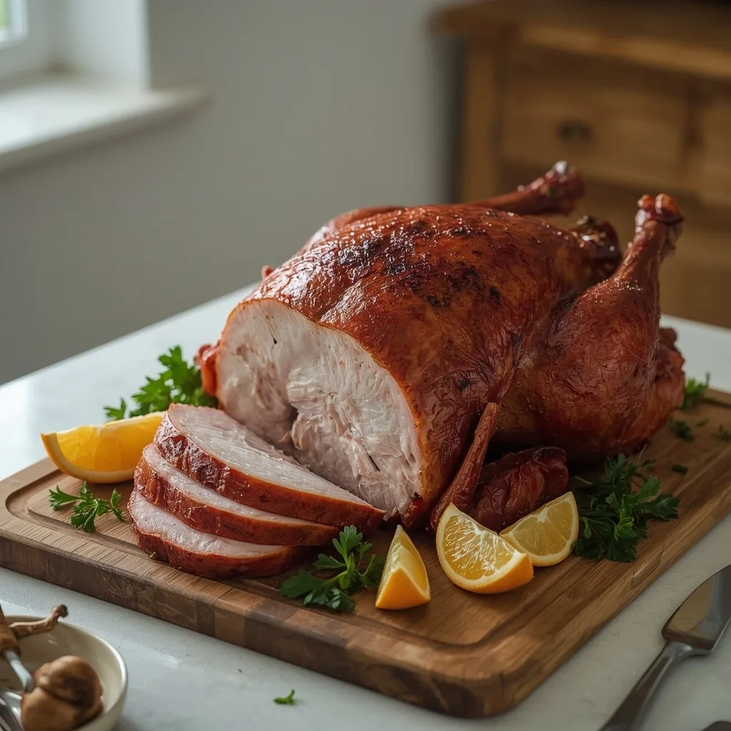 Smoky paprika turkey crown sliced on a board