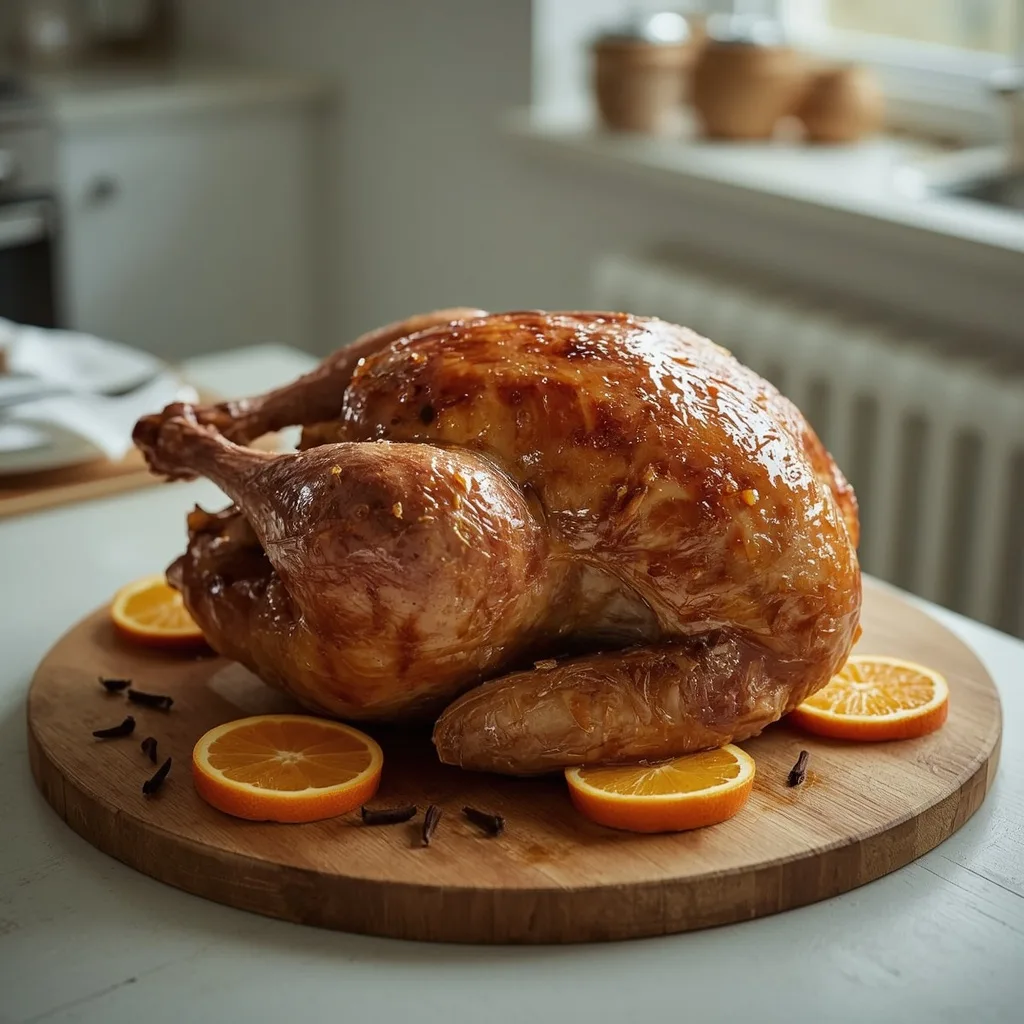 Spiced clementine-glazed turkey crown on a board