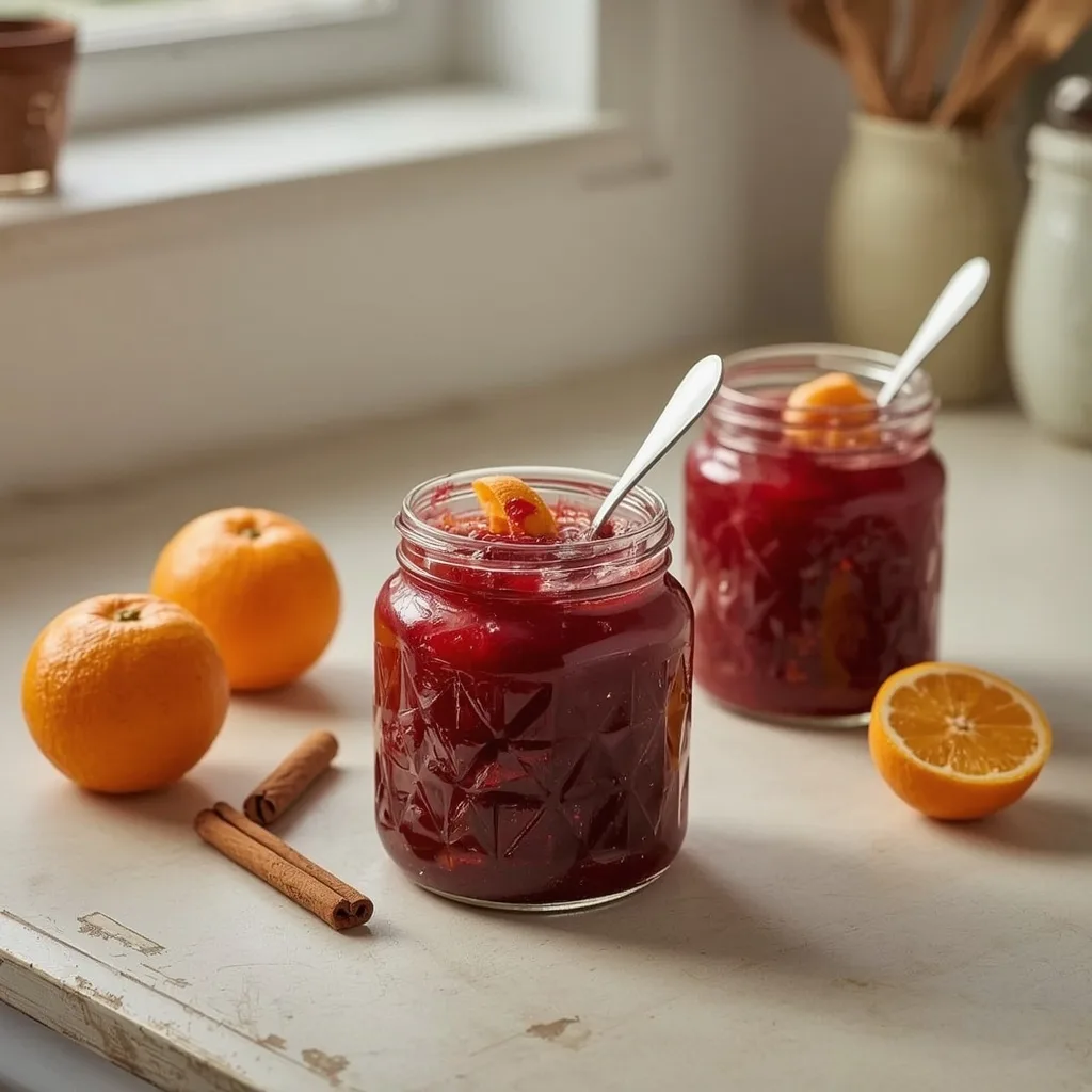 Jars of spiced cranberry and clementine sauce with a cinnamon stick