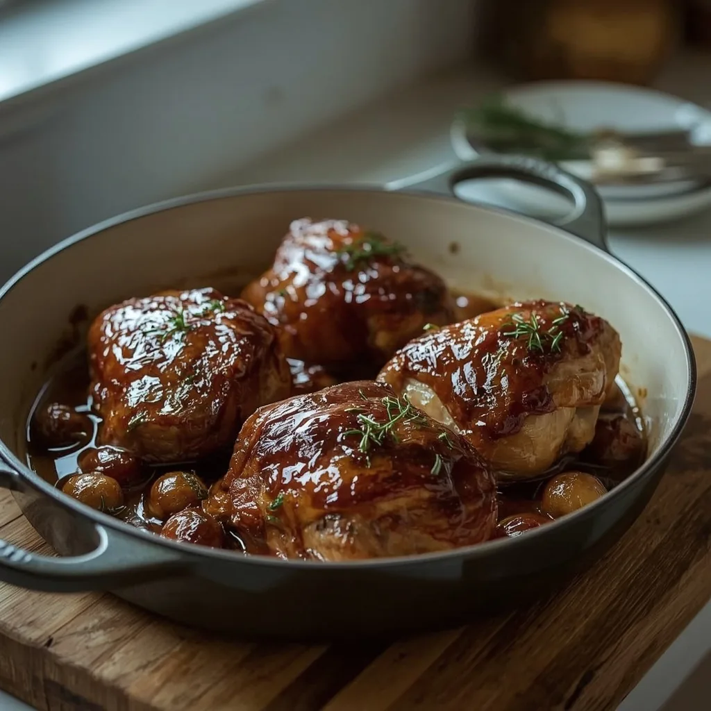 Spiced honey-roast turkey thighs with caramelised shallots in a roasting dish