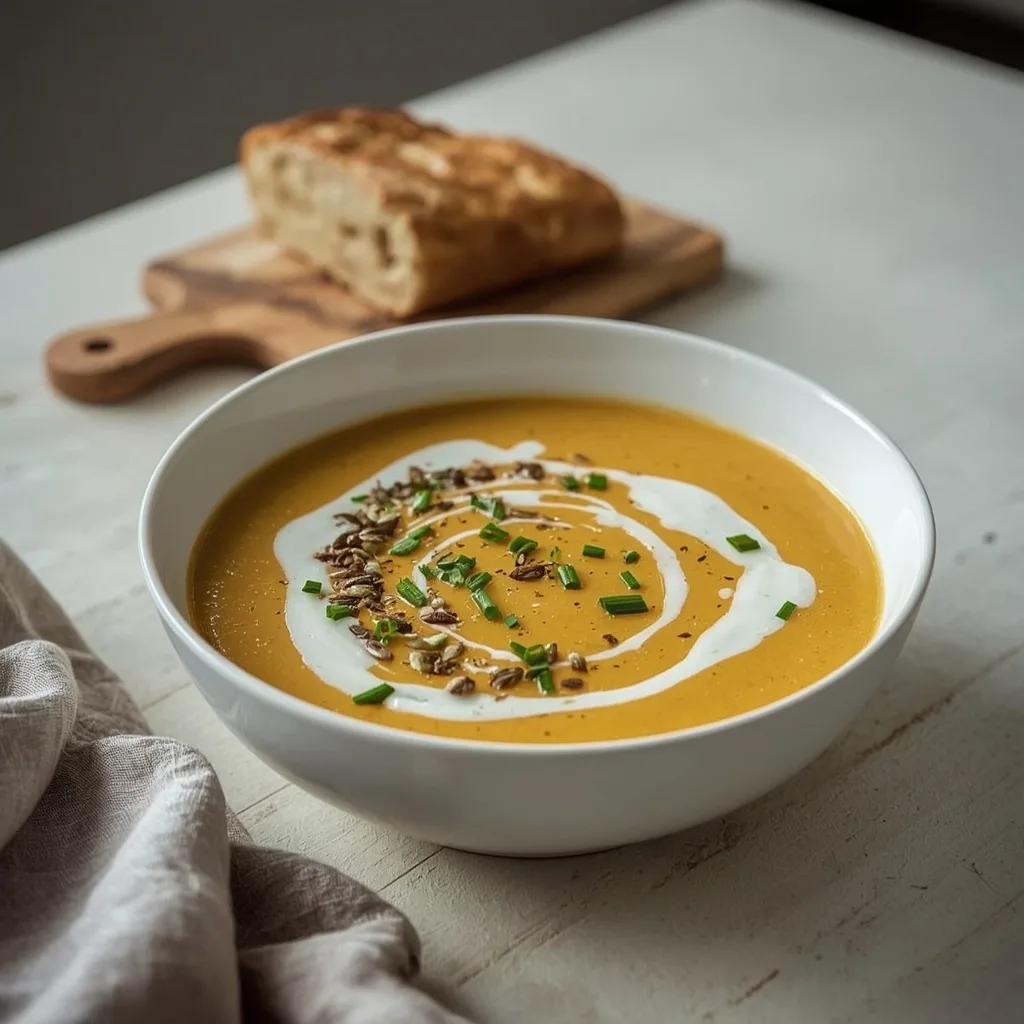 Bowl of creamy spiced parsnip soup with cream swirl and chives