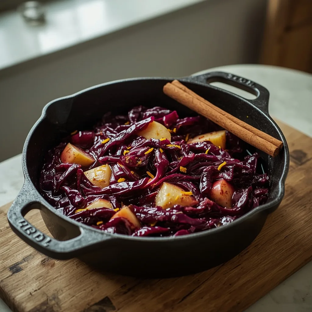 Spiced red cabbage with apple and clementine in a pot