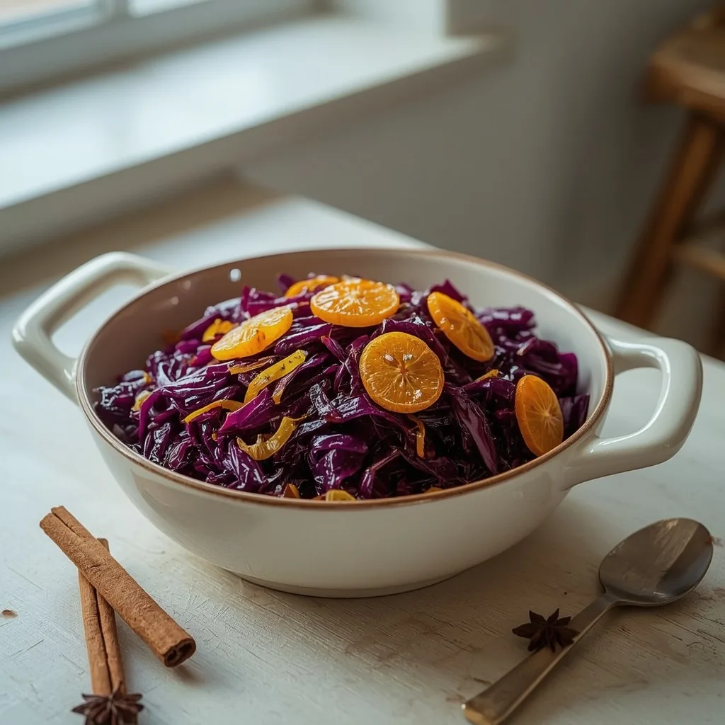 Spiced red cabbage with clementines in a deep bowl