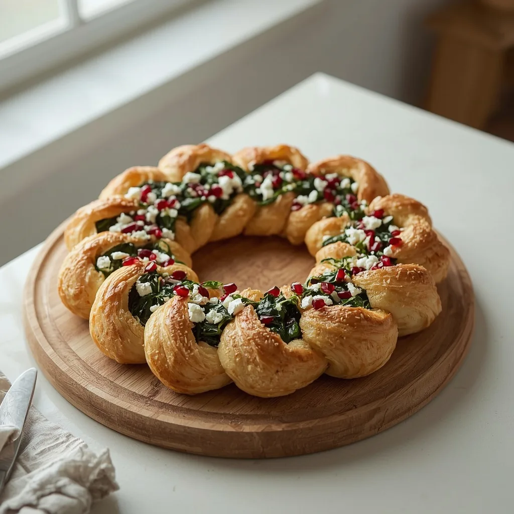 Spinach, ricotta and feta filo wreath on a round board