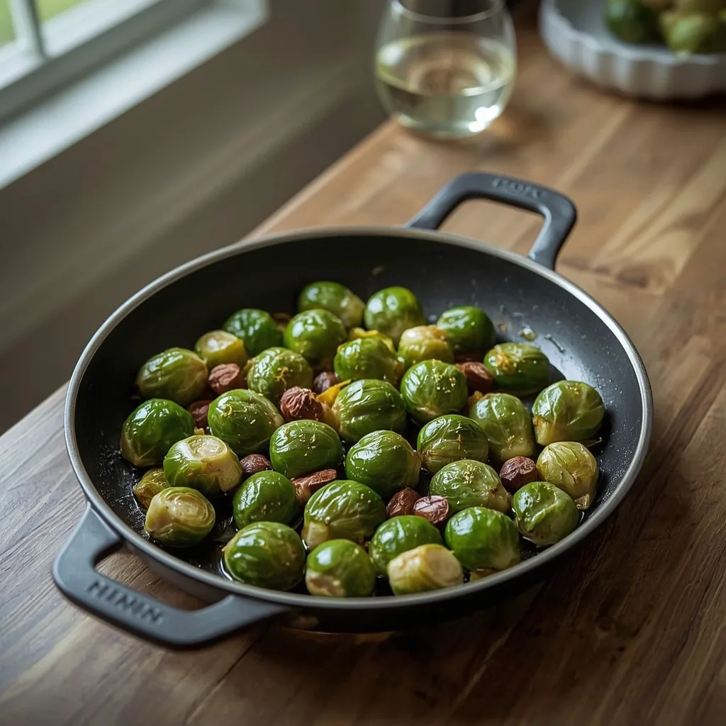 Sprouts with chestnuts and lemon for two in a small pan