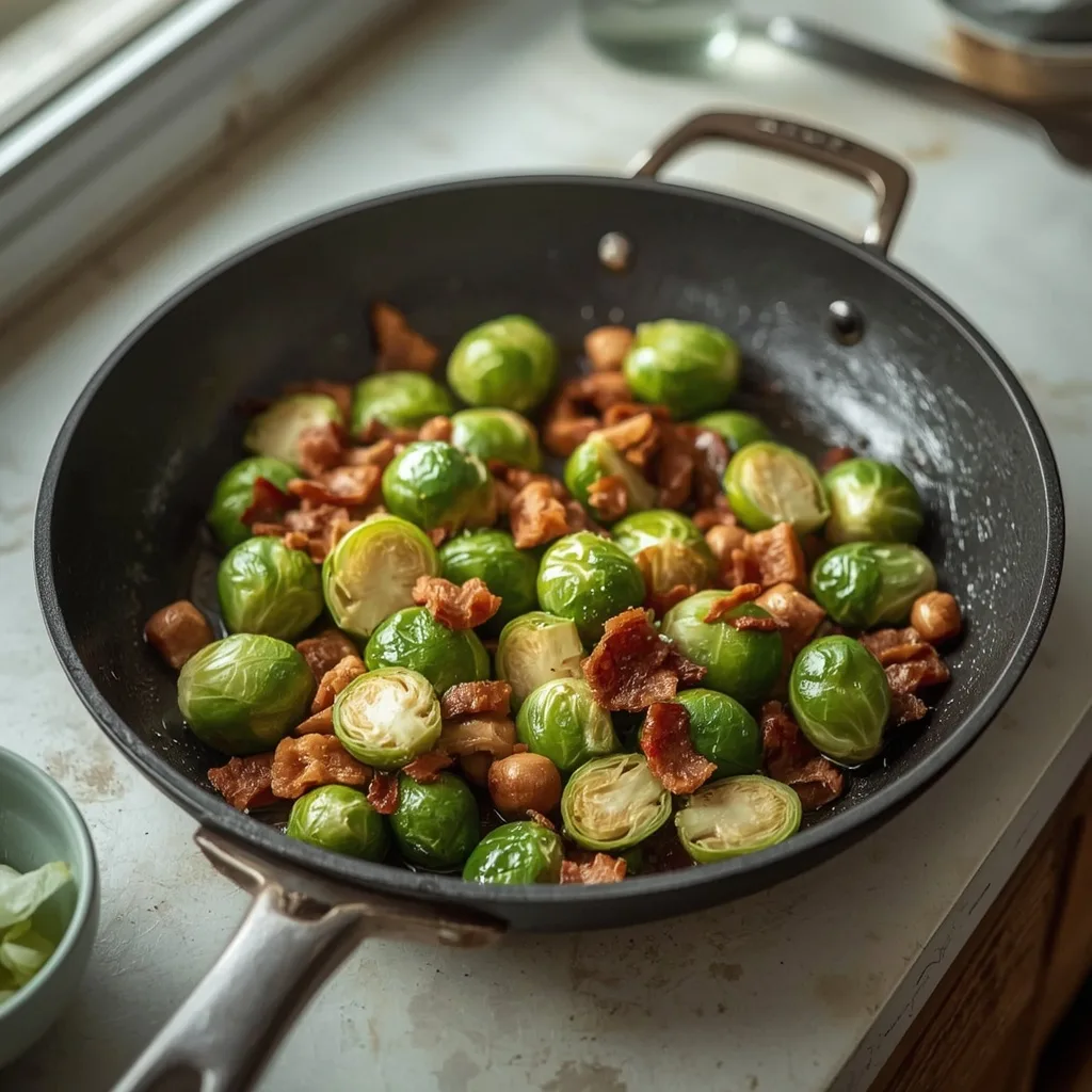 Brussels sprouts with chestnuts and turkey bacon in a small frying pan