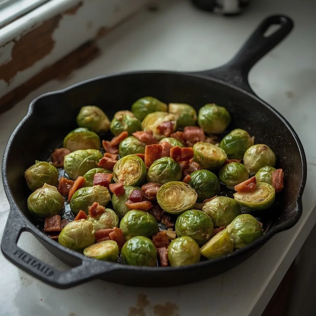 Brussels sprouts with chestnuts and turkey bacon in a cast iron pan