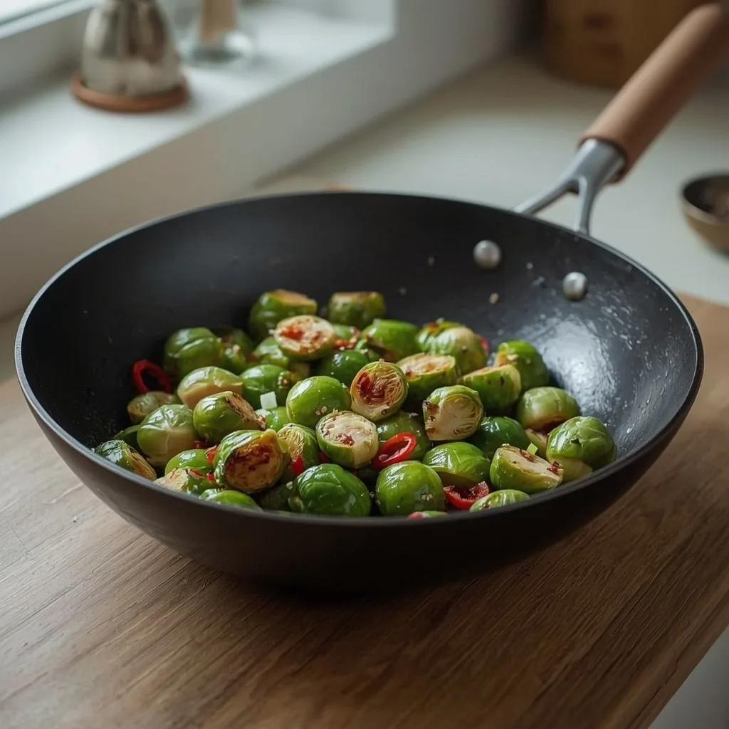 Stir-fried Brussels sprouts with chilli and sesame in a wok