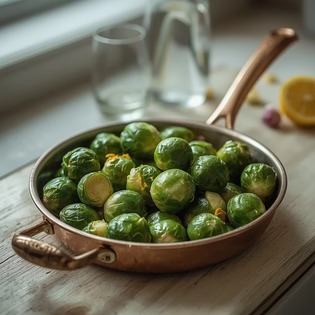 Brussels sprouts in lemon and garlic butter in a copper pan