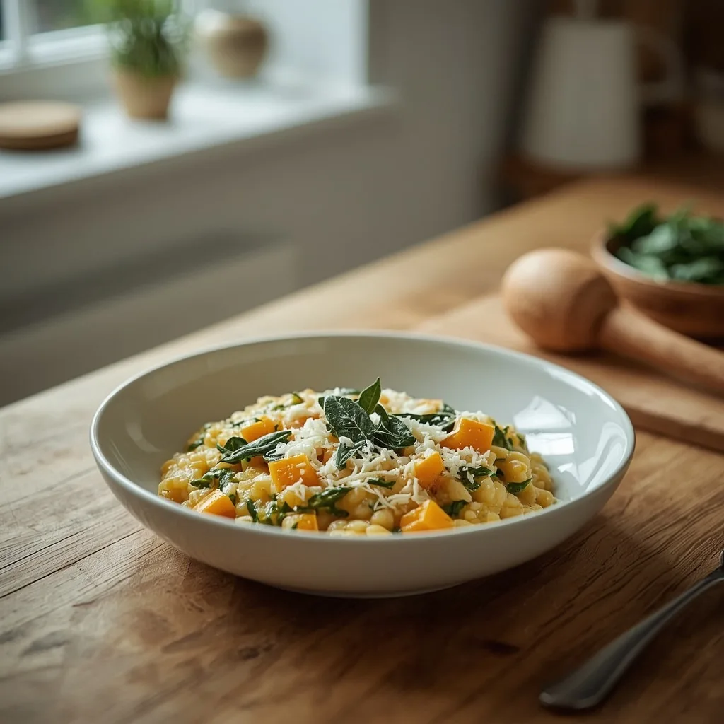 Squash and spinach risotto with crispy sage
