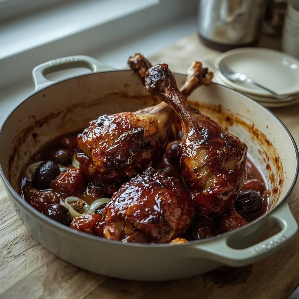 Sticky glazed duck legs with roasted plums