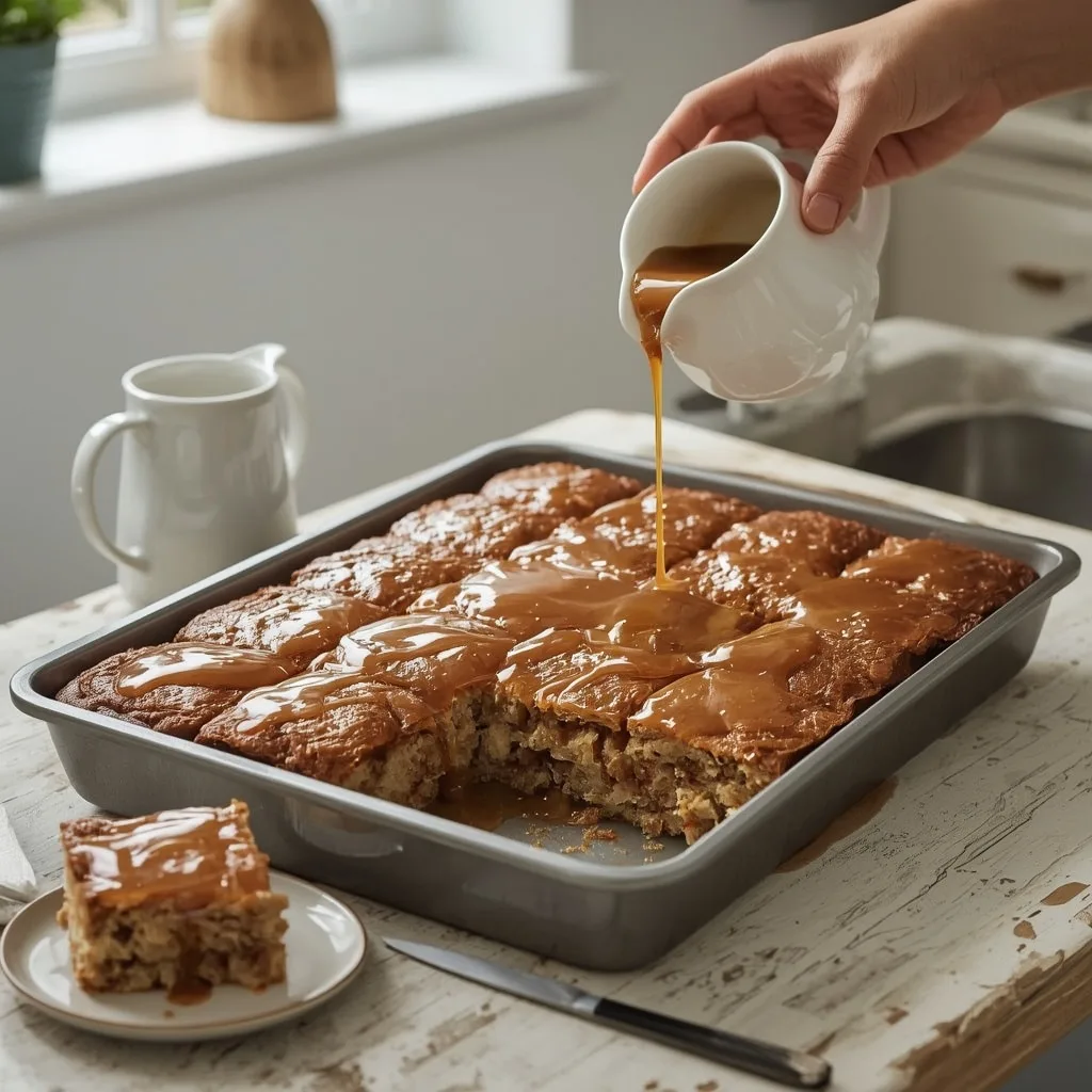 Sticky toffee pudding traybake cut into squares with toffee sauce