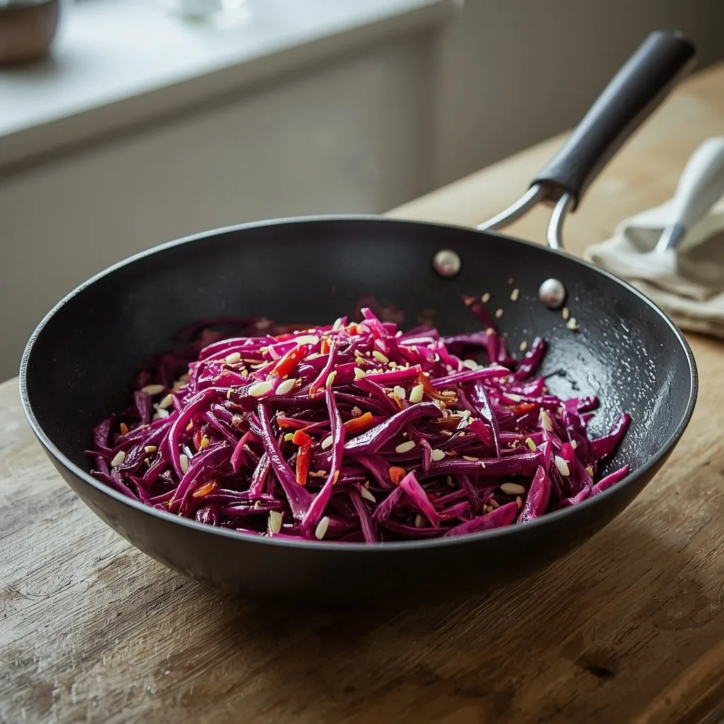 Stir-fried red cabbage with chilli and ginger in a wok