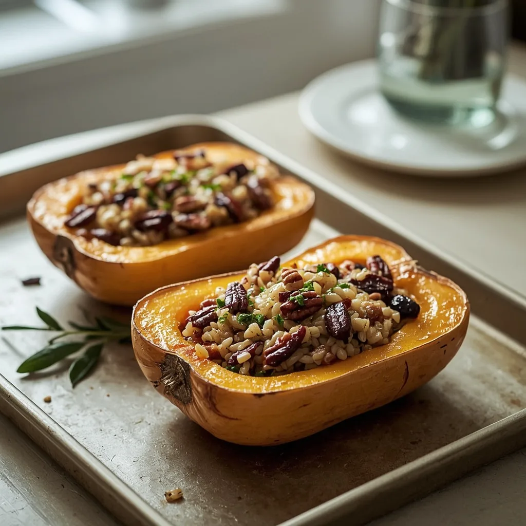 Roasted butternut squash halves stuffed with wild rice, cranberries and pecans