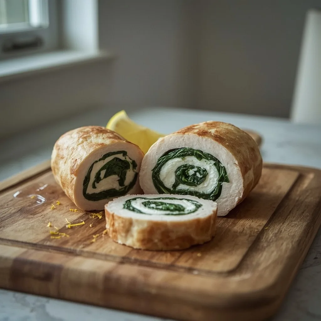 Turkey breast stuffed with spinach and ricotta, sliced