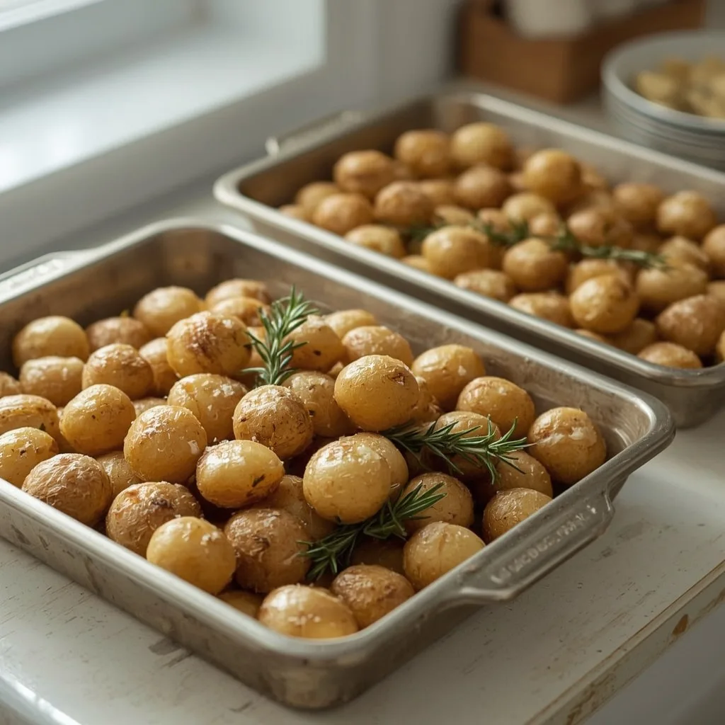Two large trays of crispy roast potatoes with rosemary and garlic