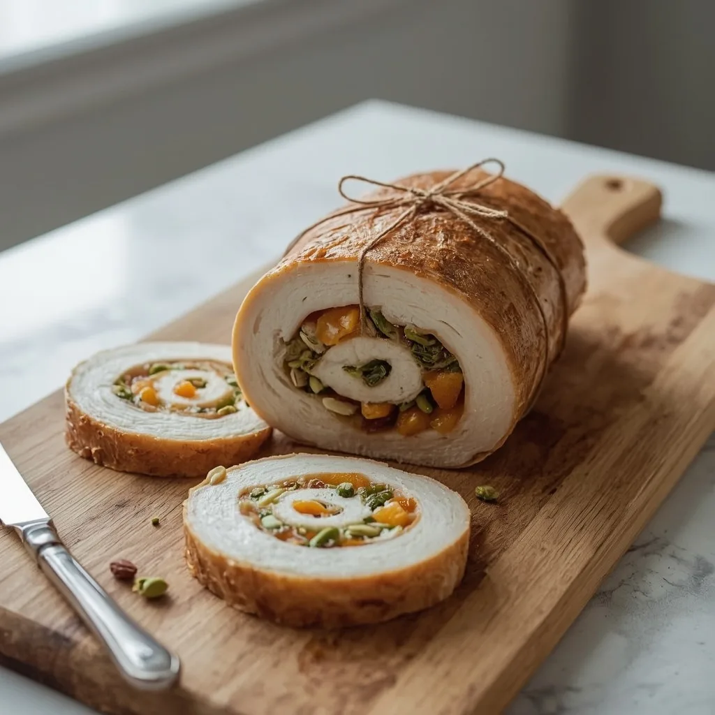 Turkey breast joint stuffed with apricot and pistachio, sliced on a board