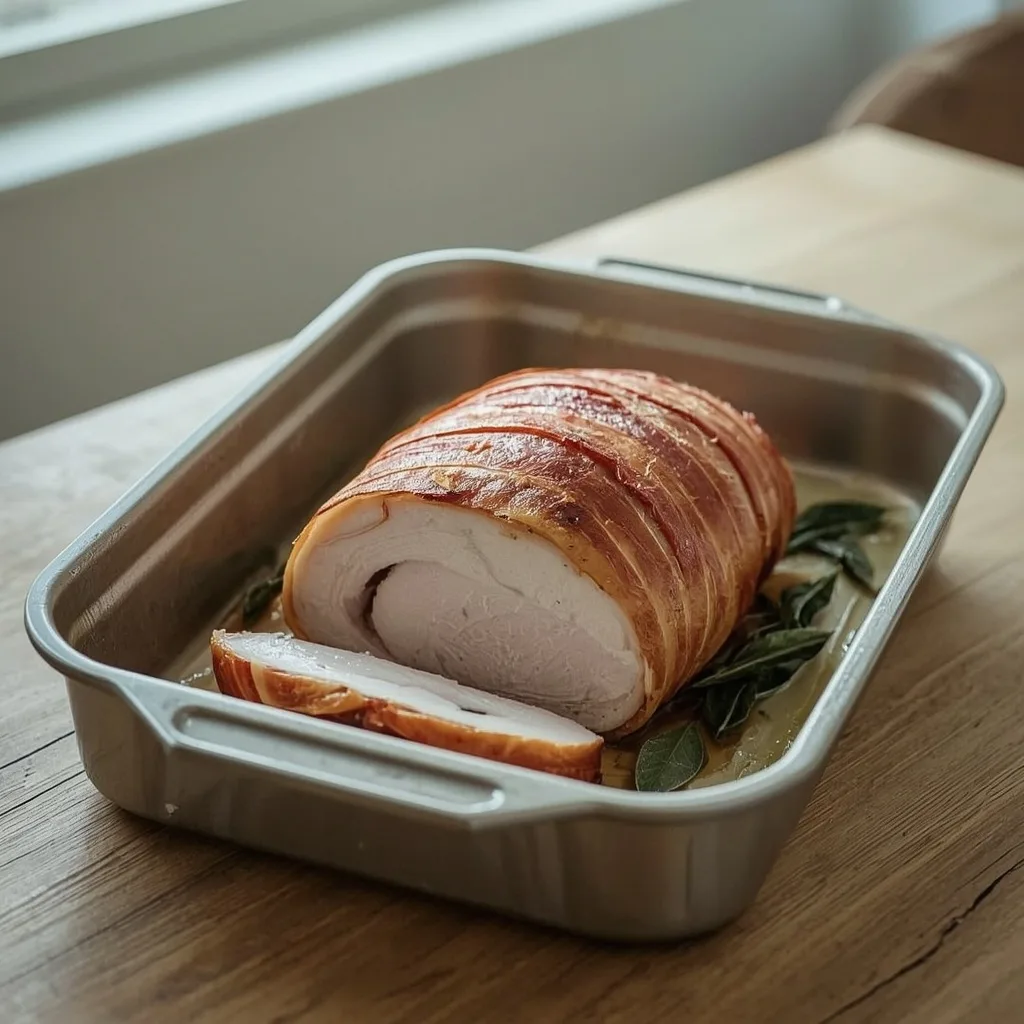 Turkey breast wrapped in turkey bacon with sage