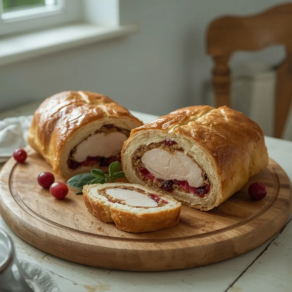 Turkey and cranberry Wellington sliced on a board with sage