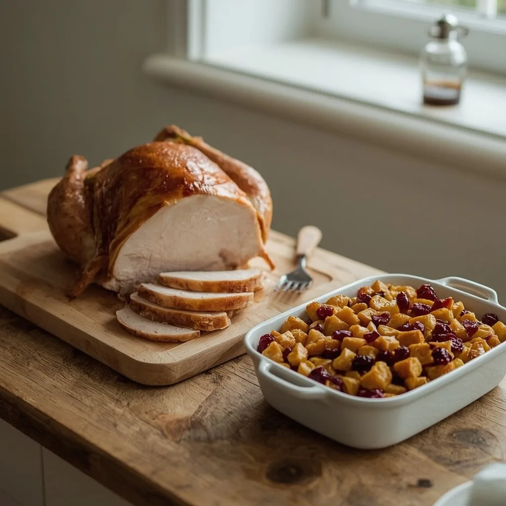 Turkey crown with a dish of cranberry and chestnut stuffing