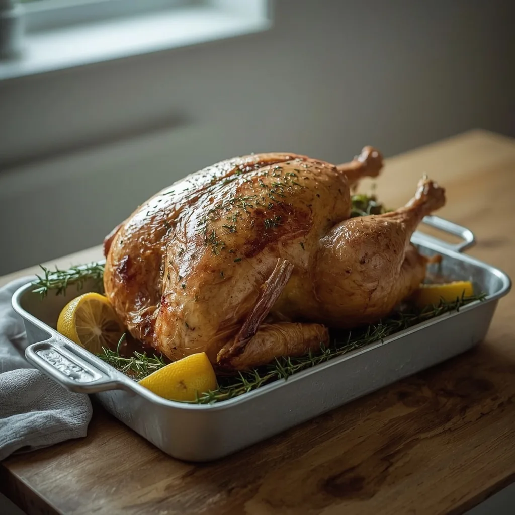 Roast turkey crown with lemon and herb butter in a roasting tin