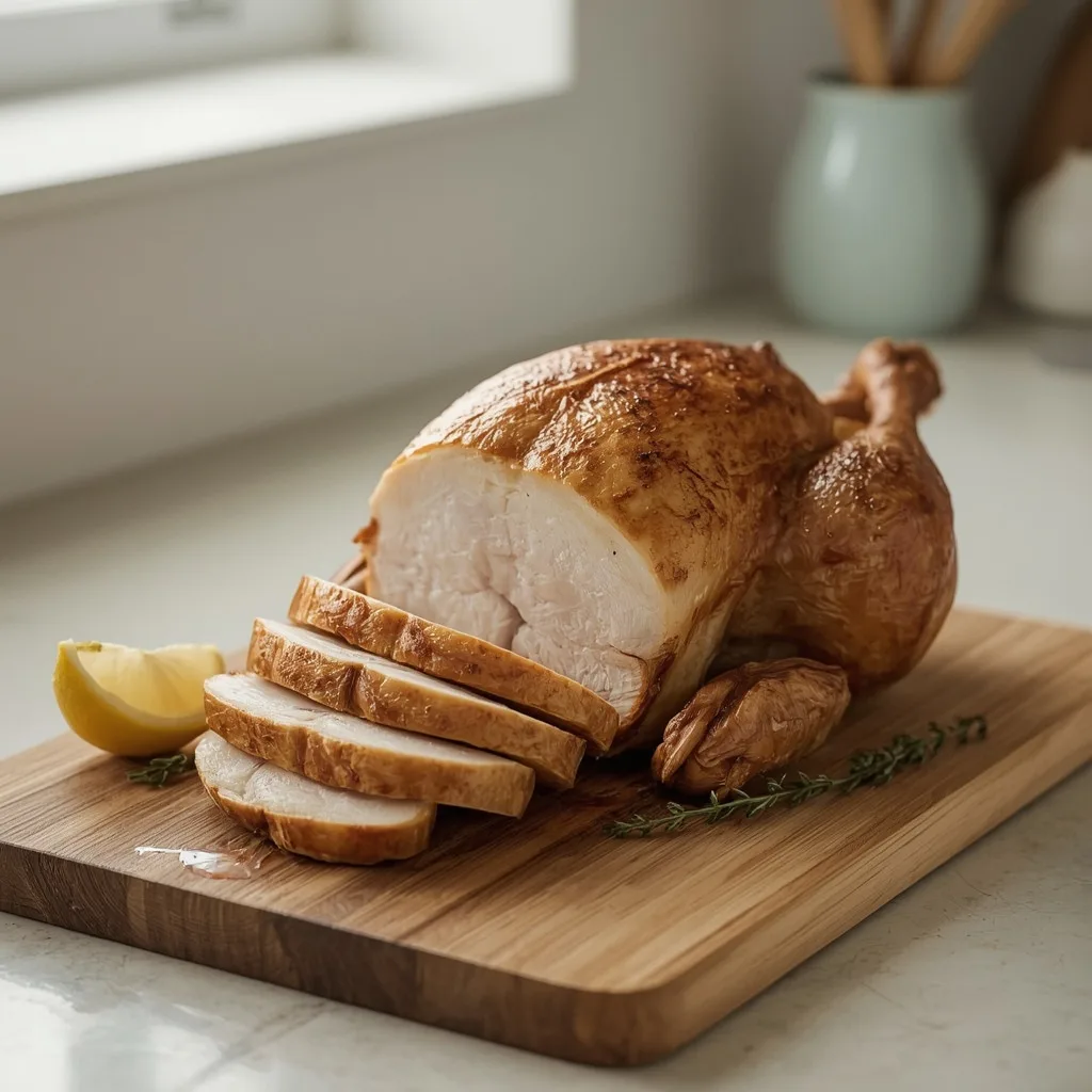 Turkey crown with lemon and thyme butter partly sliced on a carving board