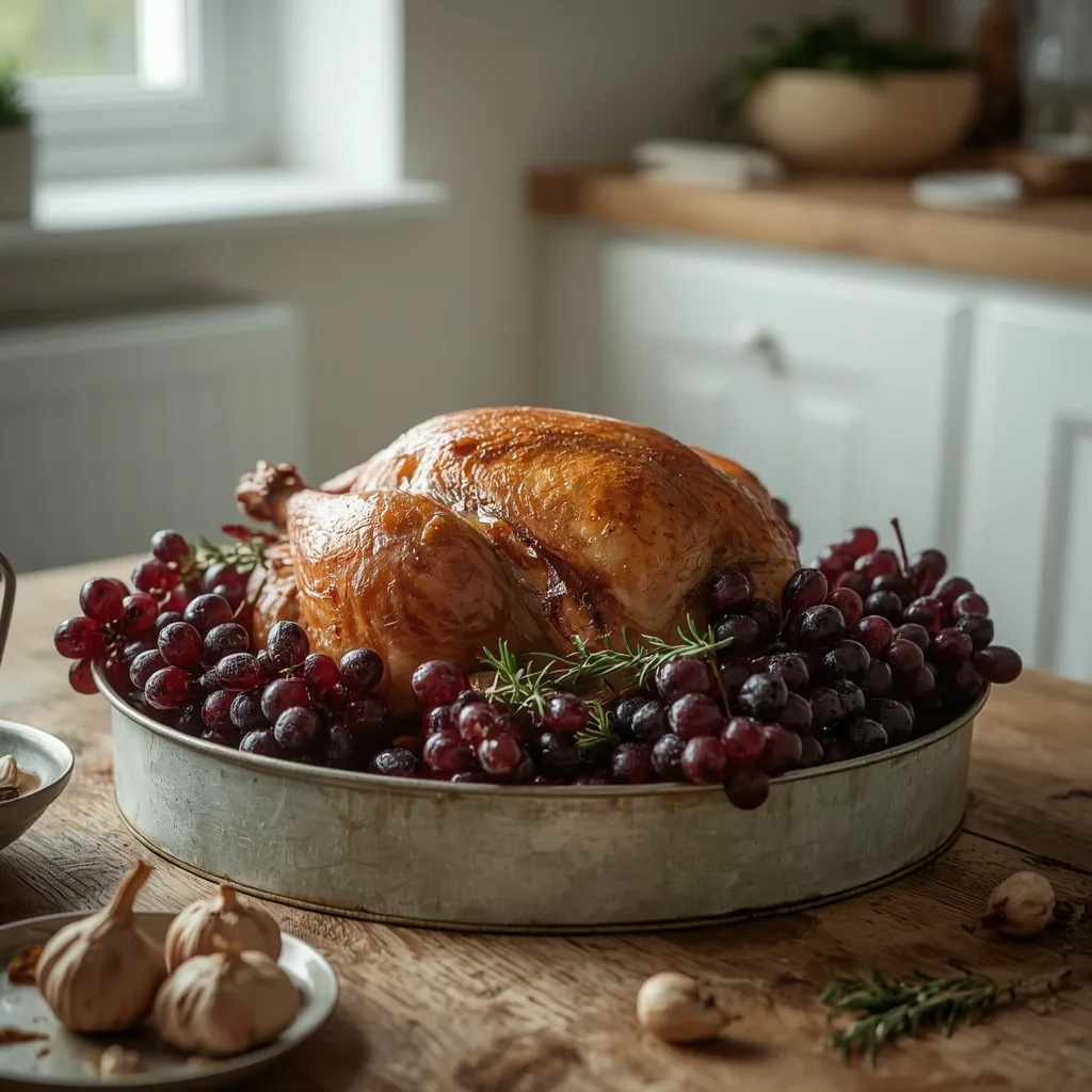 Turkey crown with roasted grapes, garlic and rosemary