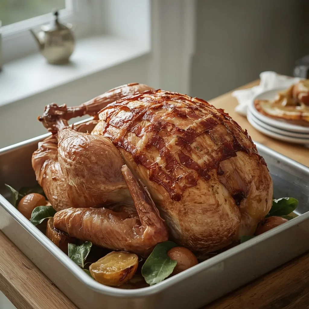 Turkey crown wrapped in a lattice of crisp turkey bacon in a roasting tin