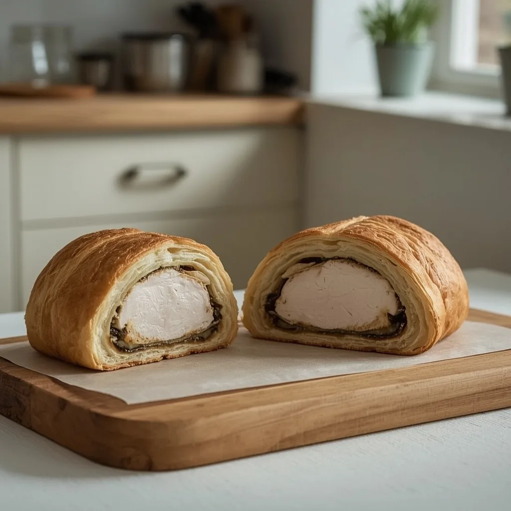 Turkey Wellington with chestnuts sliced on a board