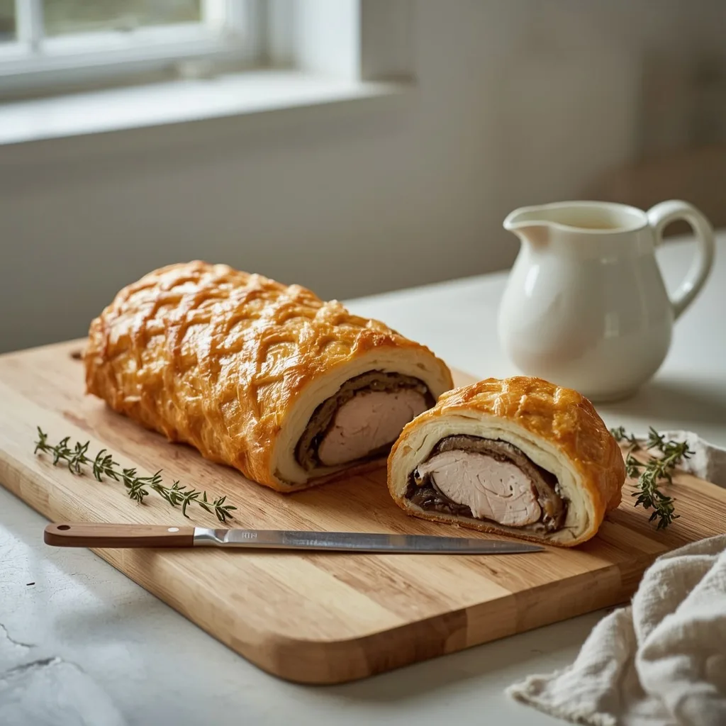 Turkey Wellington with mushroom duxelles sliced on a serving board
