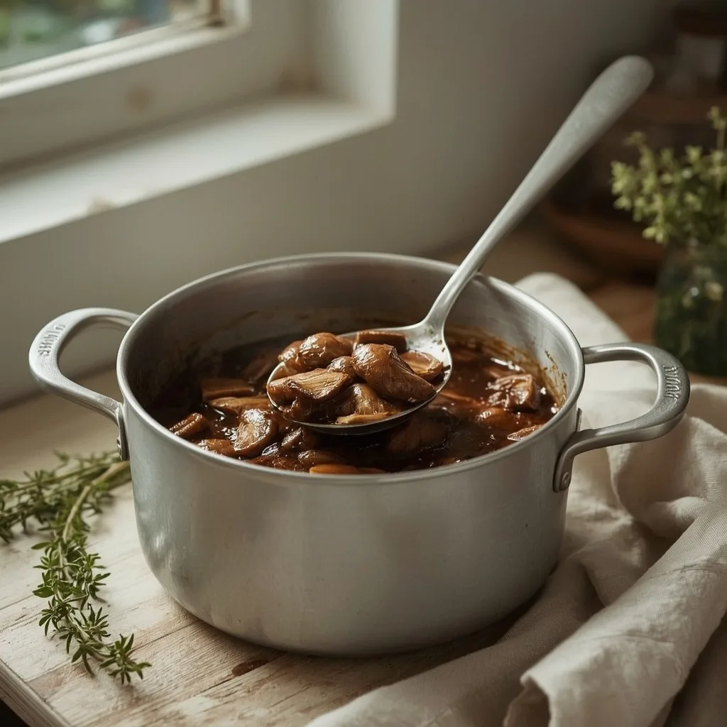 Rich vegetarian mushroom gravy in a saucepan