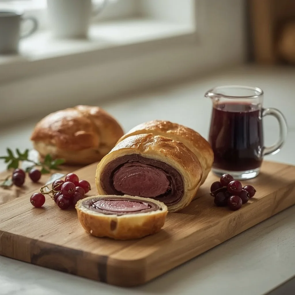 Venison Wellington with redcurrant sauce, sliced on a board