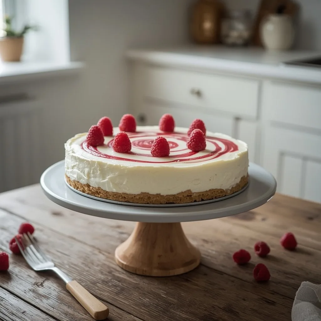 White chocolate and raspberry cheesecake on a cake stand