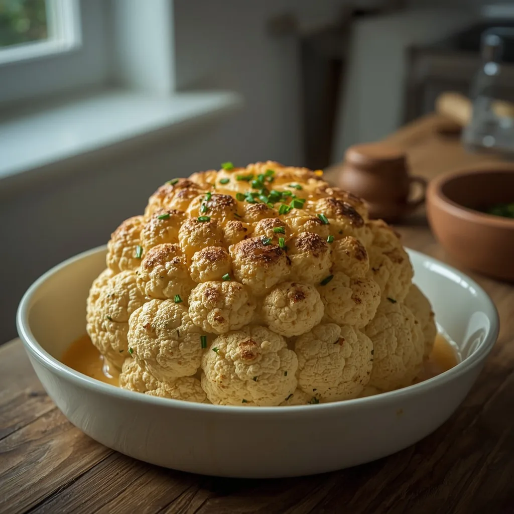 Whole roasted cauliflower with golden cheese sauce in a baking dish