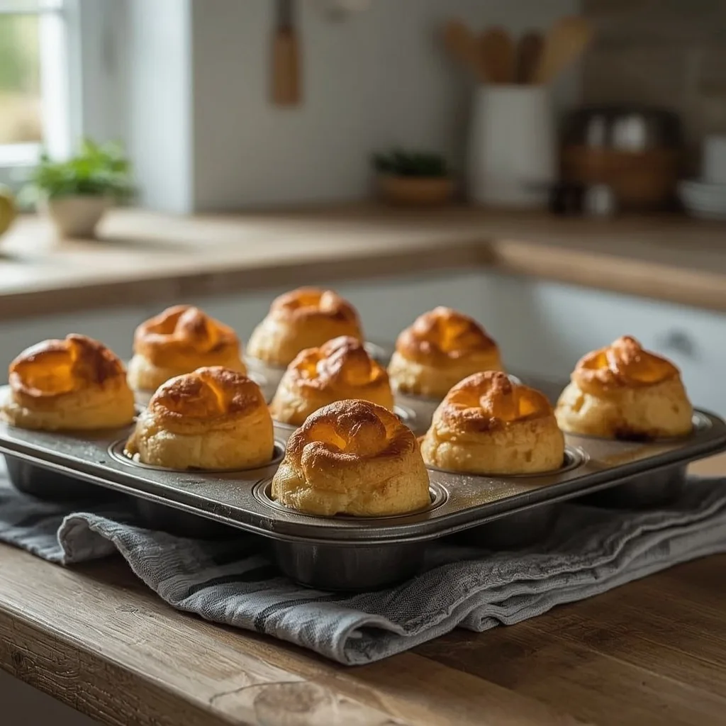 Tall golden Yorkshire puddings in a muffin tin